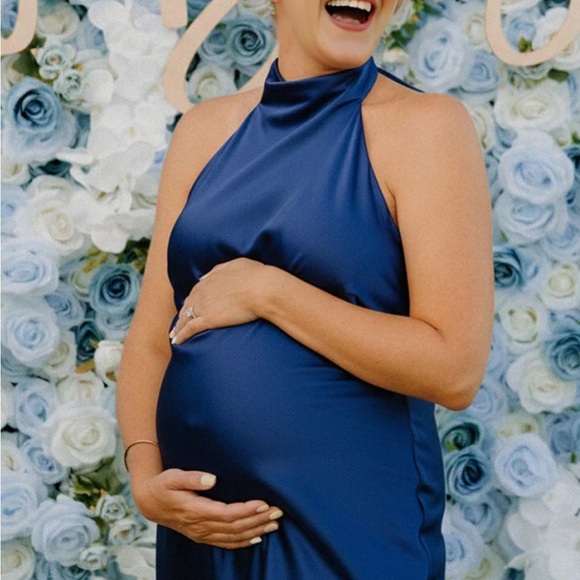 Royal Blue Satin Maternity Halter Tie Dress - Picture 2 of 3